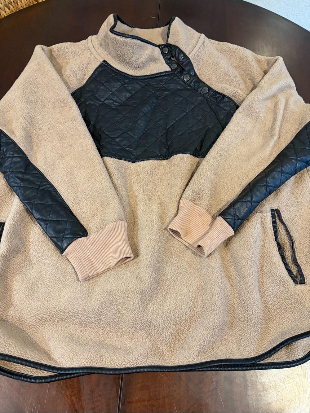 Abercrombie & Fitch Beige Teddy Pullover with Black Quilted Accents